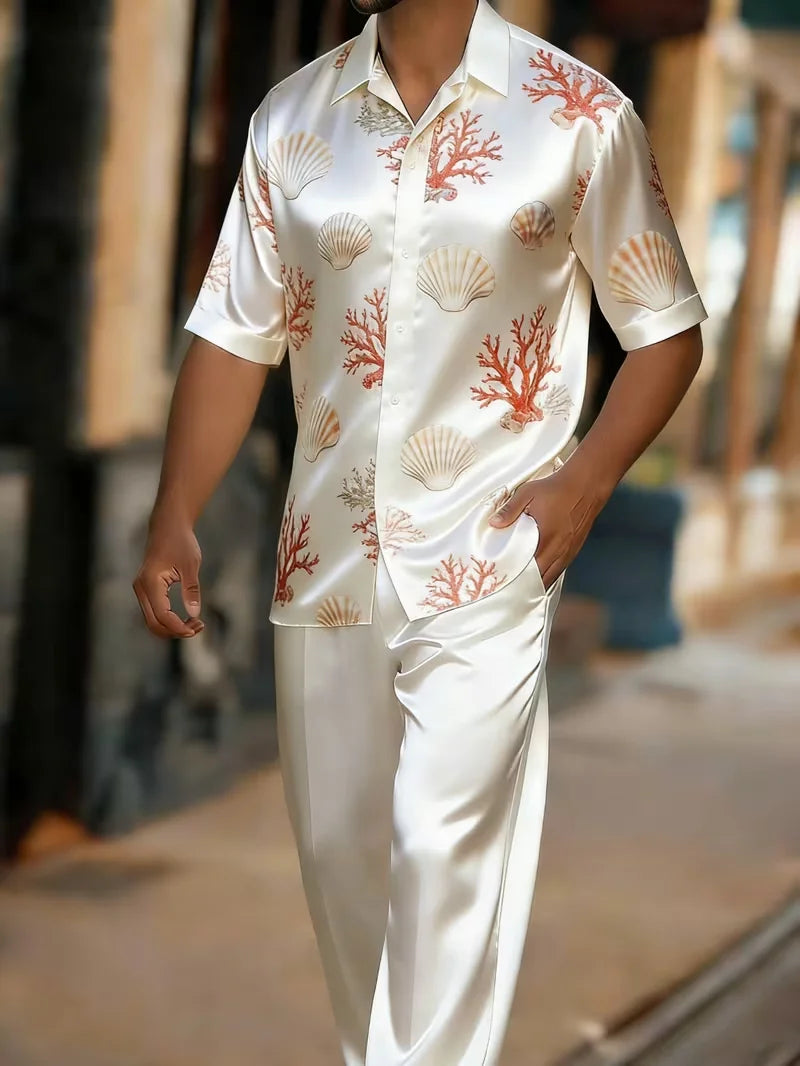 Men's 3D Print Short Sleeve Shirt and Pants Two Piece Set