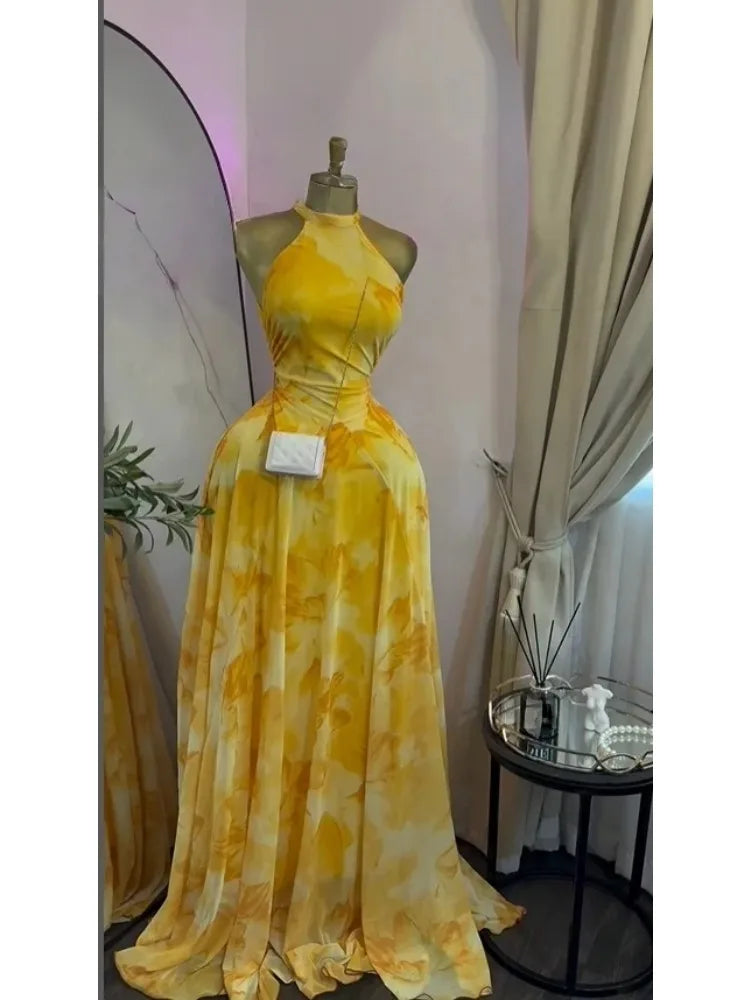 Women's Floral Print O-Neck Mermaid Maxi Dress