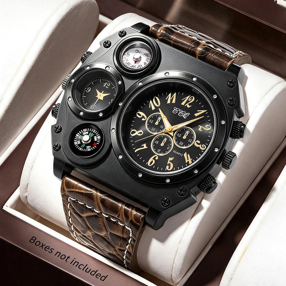 Men's Round Dial Quartz Leather Watch