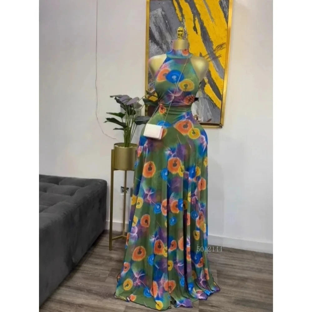 Women's Floral Print O-Neck Mermaid Maxi Dress