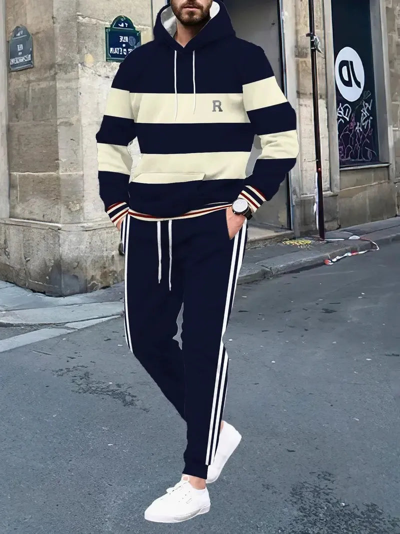Men's 3D Striped Pattern Print Hoodie and Pants Two-Piece Set