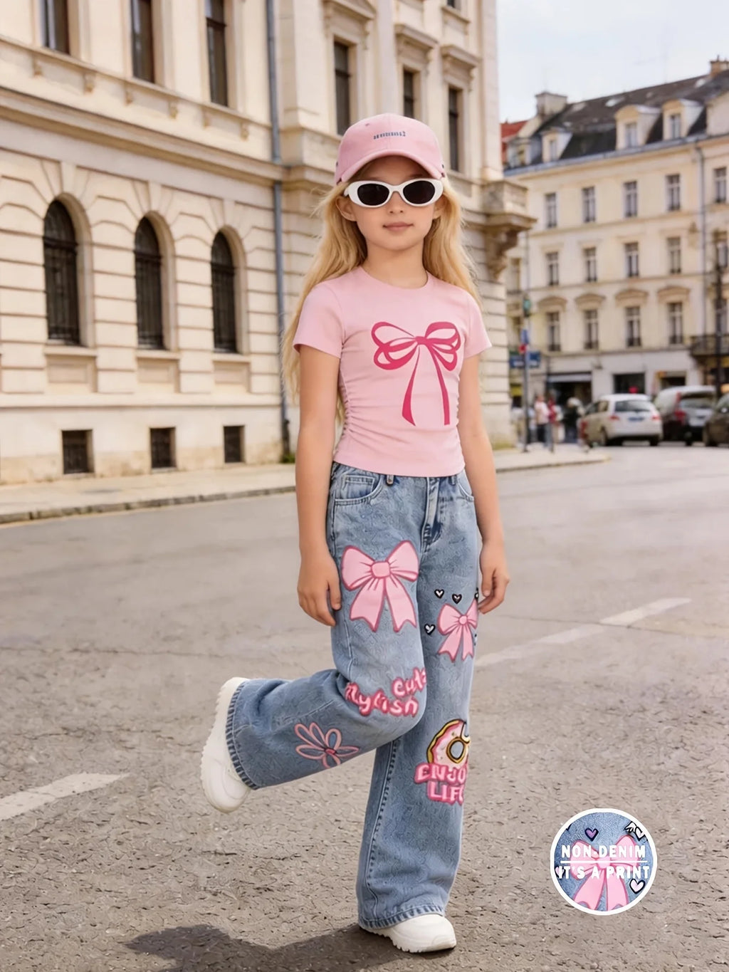 Girls' Bow-Print Cropped Tee and Wide-Leg Pants 2-Piece Set
