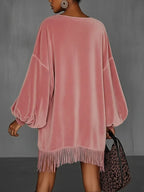 Women's Fringe Hem Lantern Sleeve Mini Party Dress