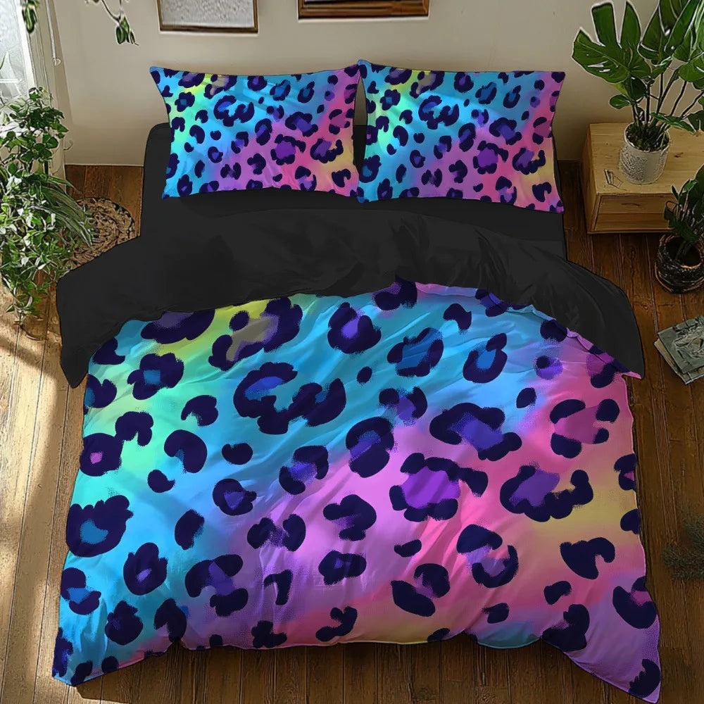 Neon Rainbow Leopard Print Duvet Cover Set with Pillowcases