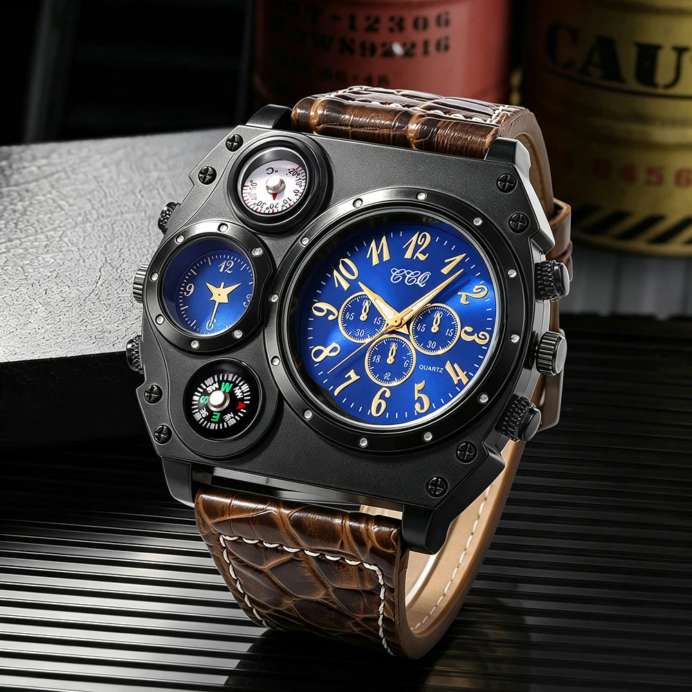 Men's Round Dial Quartz Leather Watch