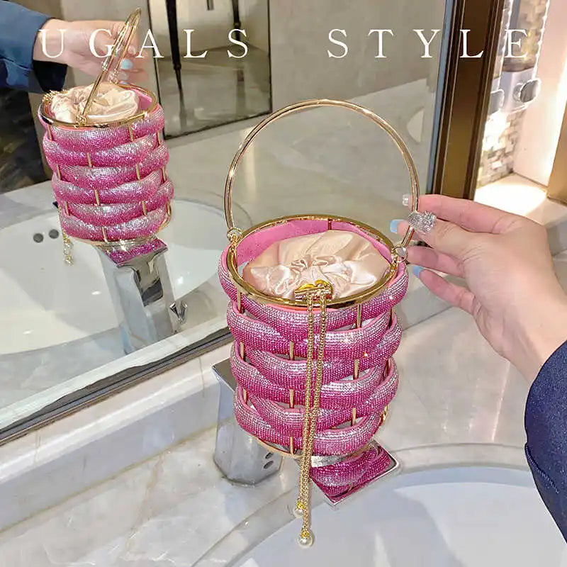 Women's Luxury Woven Rhinestone Bucket Evening Bag