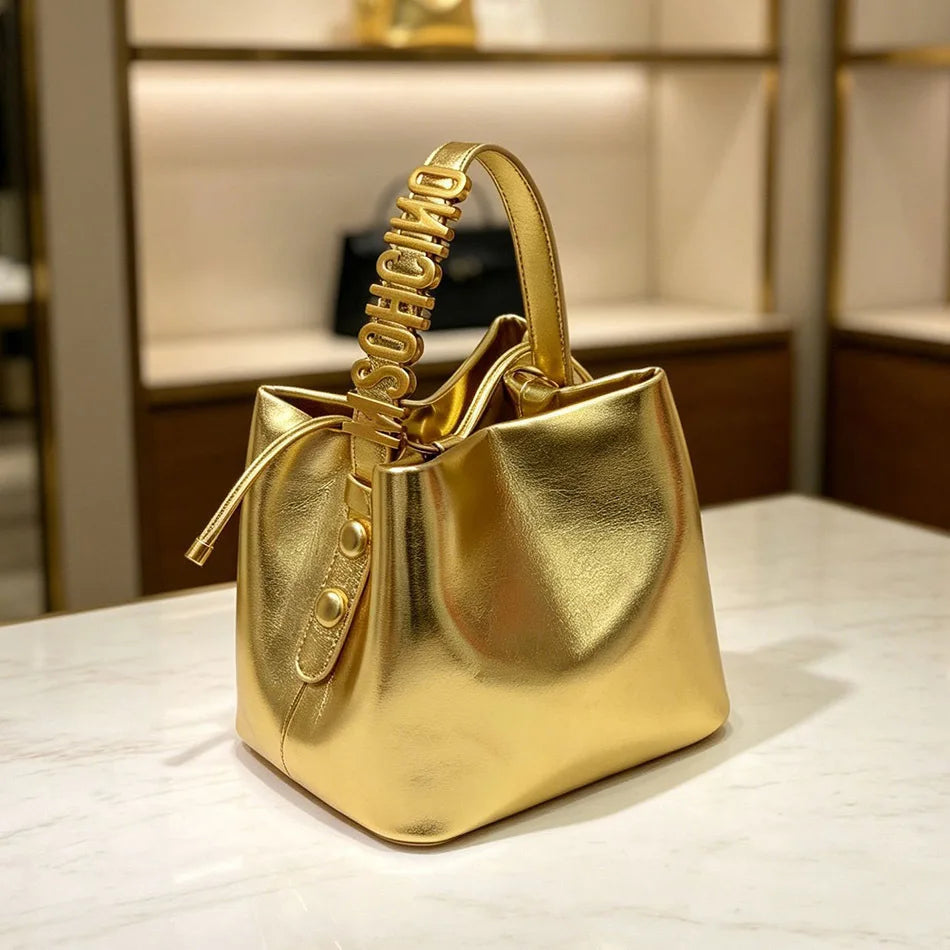 Women's Gold Letter Drawstring Handbag Crossbody Bucket Bag