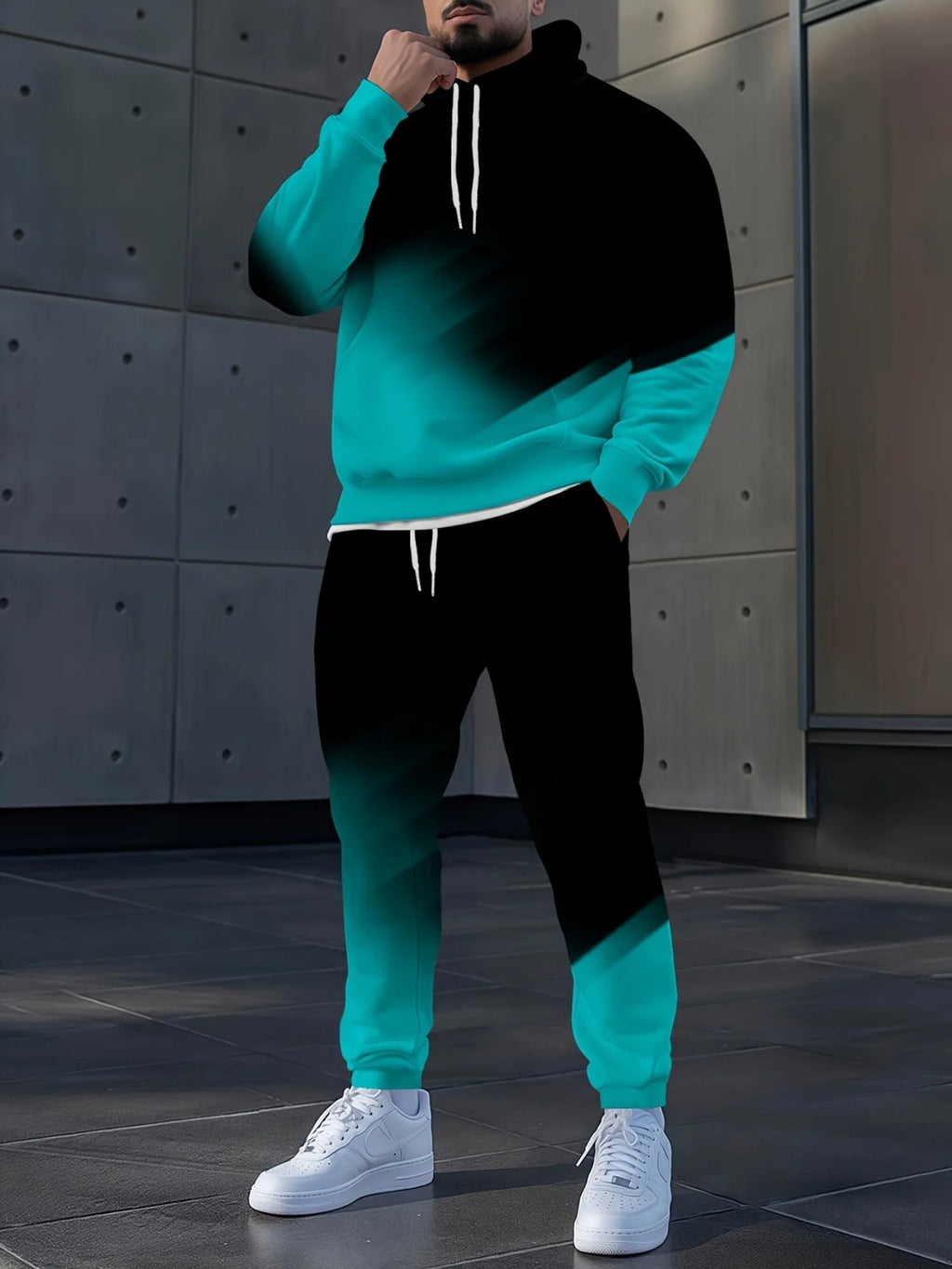 Men's Gradient 3D Pattern Print Hoodie and Pants Two-Piece Set