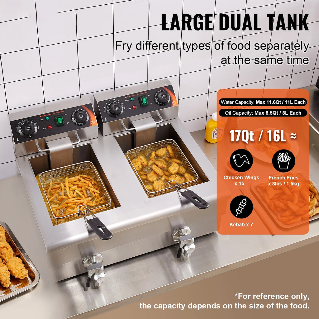Commercial Electric Dual Tank Countertop Deep Fryer with Drain Valves