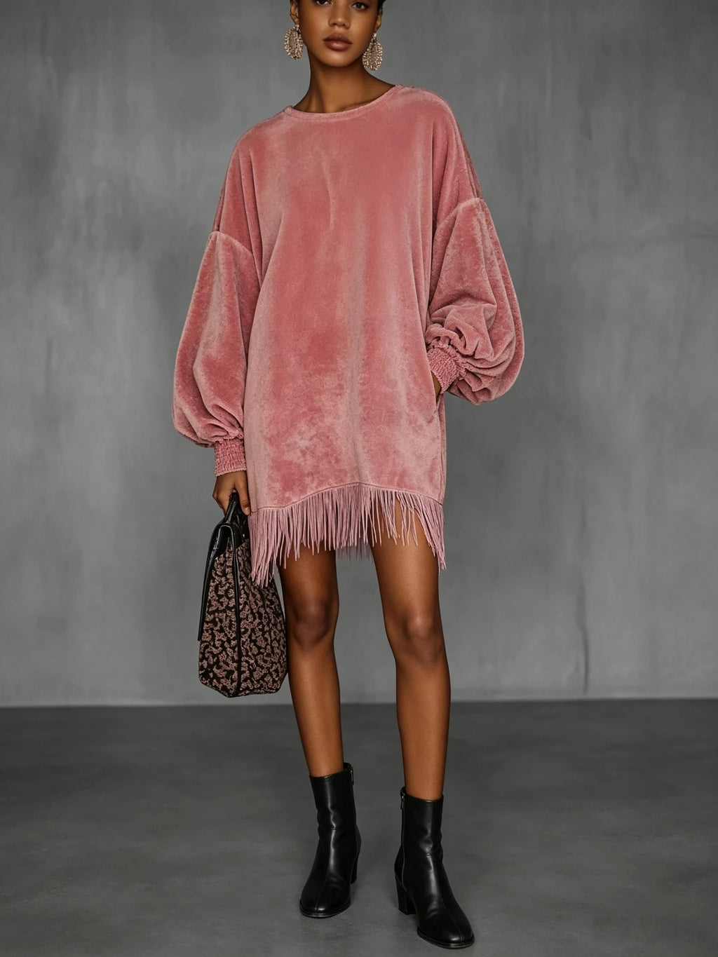 Women's Fringe Hem Lantern Sleeve Mini Party Dress