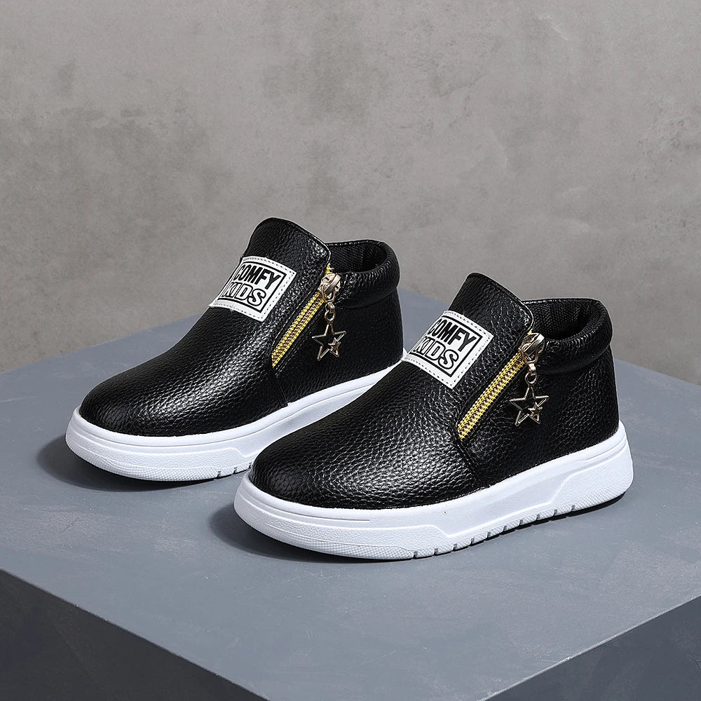 Kids' Faux Leather High-Top Sneakers with Side Zipper