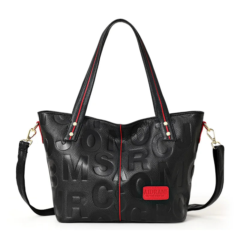 Women's Letter Print Cowhide Leather Shoulder Tote Bag Q1452