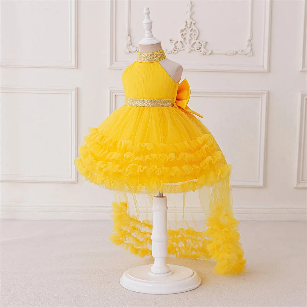 Girls' Sleeveless Princess Dress with Big Bow and Trailing Mesh