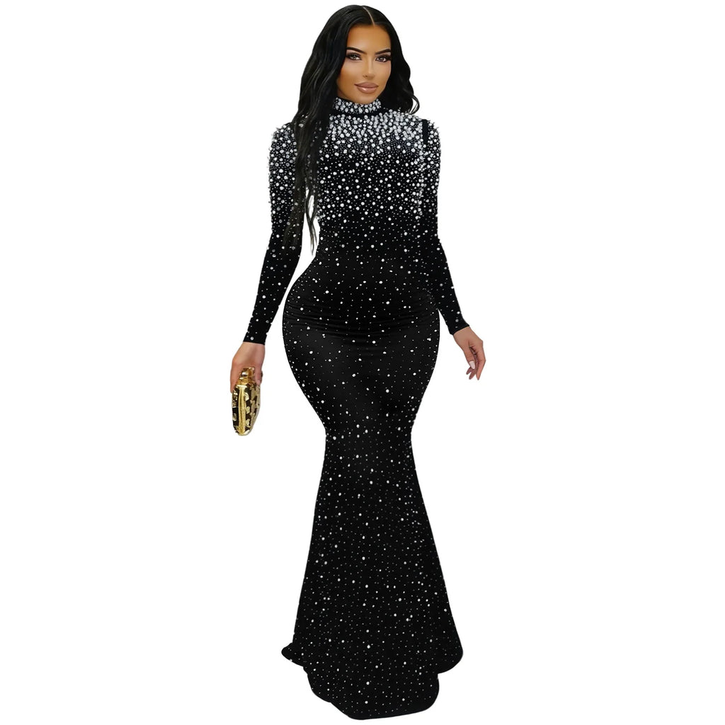 Women's Elegant Beaded Long Sleeve Mock Neck Maxi Dress