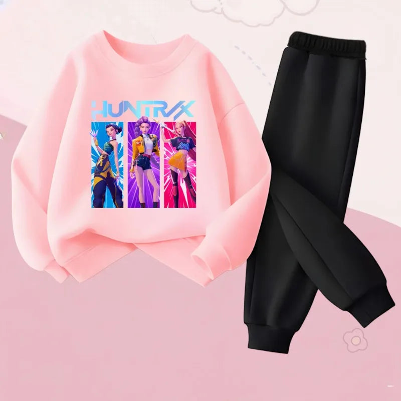 Girls' Cartoon Printed Sweatshirt and Sweatpants 2-Piece Set