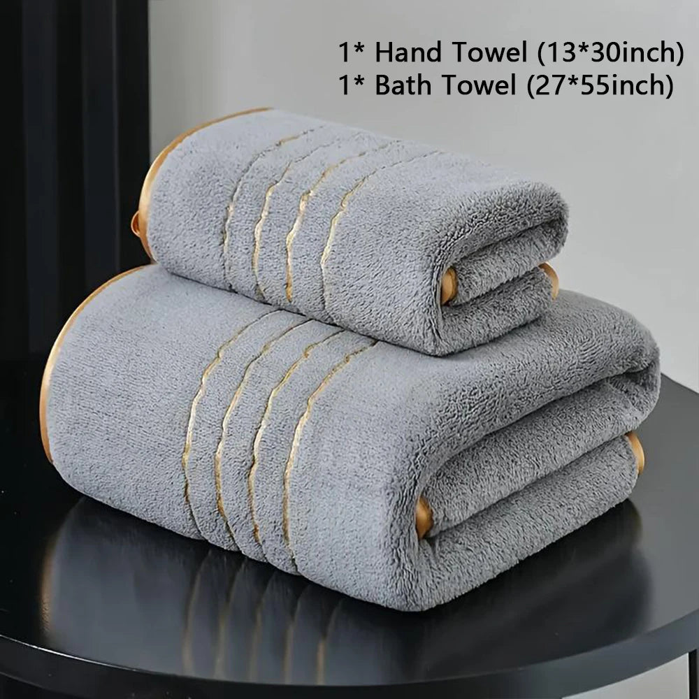 Soft Absorbent Polyester Bath Towel Set with Gold Accents