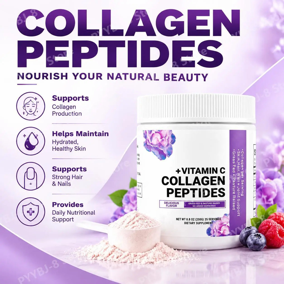 Collagen Peptides Powder Hyaluronic Acid Vitamin C Berry Flavor
