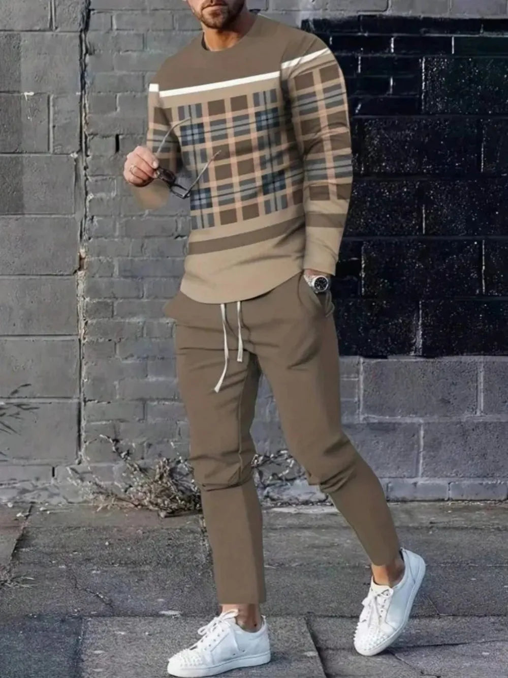 Men's Striped Patchwork Long Sleeve Top and Pants Two-Piece Set