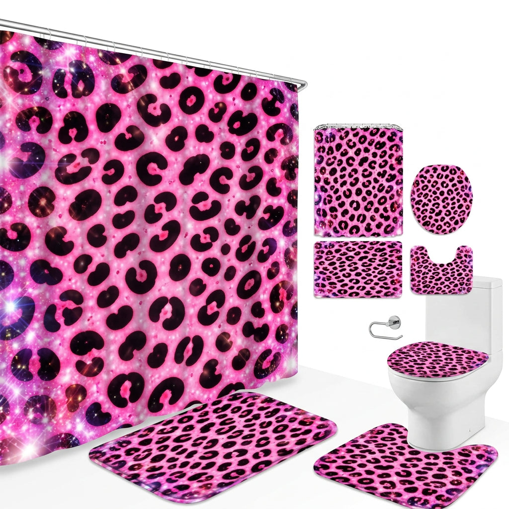 Pink Leopard Galaxy Shower Curtain Set