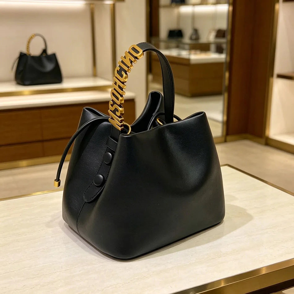 Women's Gold Letter Drawstring Handbag Crossbody Bucket Bag