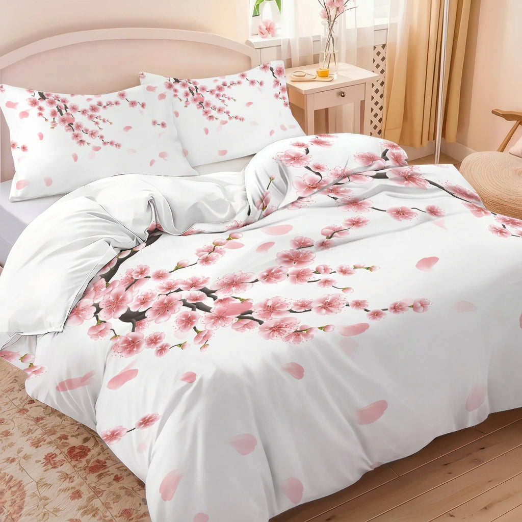 Cherry Blossom Print Duvet Cover Set with Pillowcases