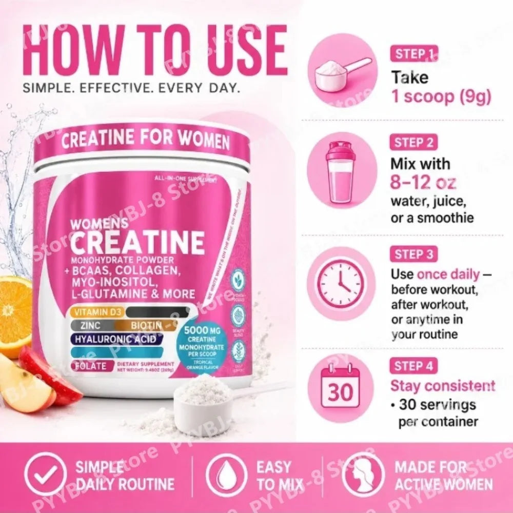 Women's Creatine Monohydrate BCAA Multi-Collagen Biotin Vitamin D3 Tropical Orange Powder
