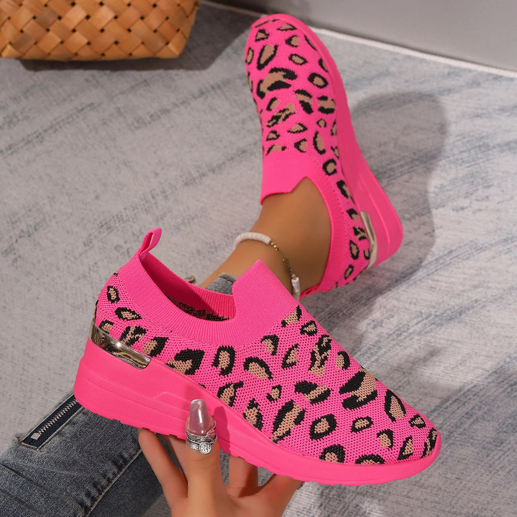 Women's Leopard Print Knitted Slip-On Wedge Sneakers