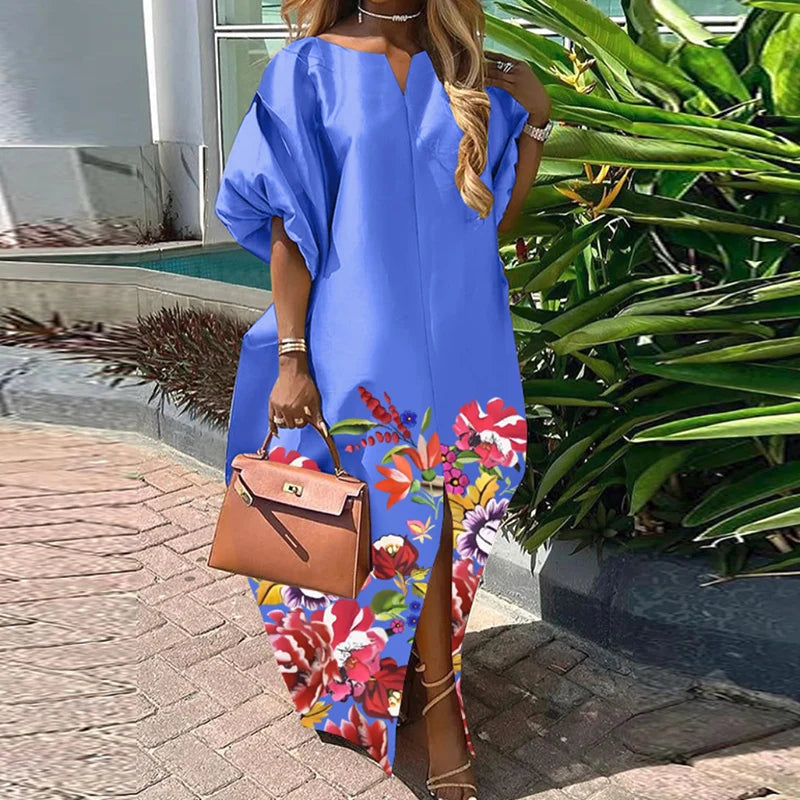 Women's Bohemian Satin Silk Half-Sleeve Maxi Dress