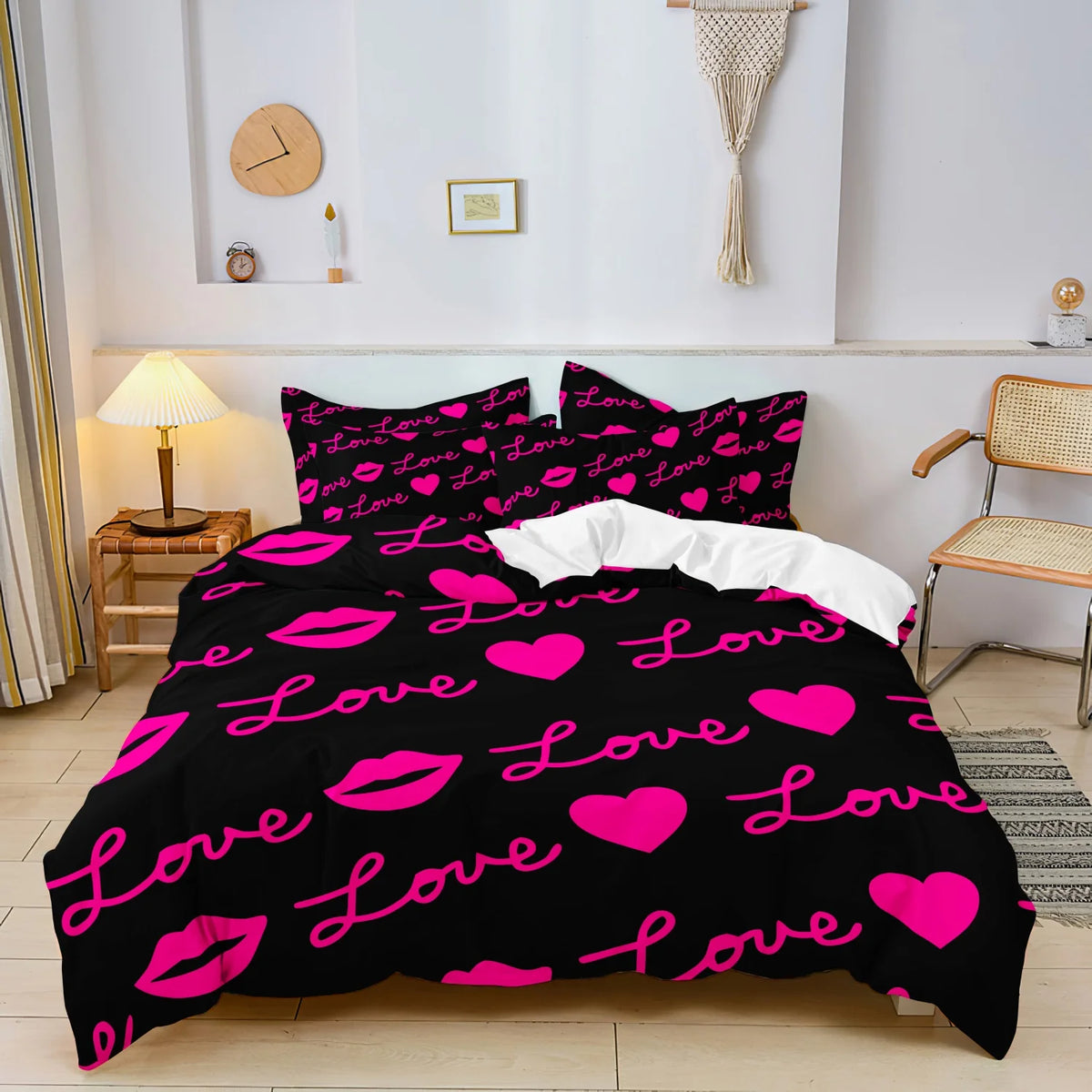 Pink Love Lips Print Duvet Cover Set