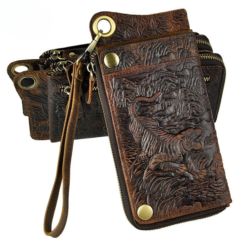 Men's Vintage Crazy Horse Genuine Leather Long Zipper Wallet