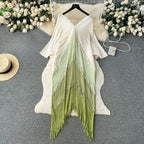 Women's Pleated Color-Block Tassel Mid-Calf Dress