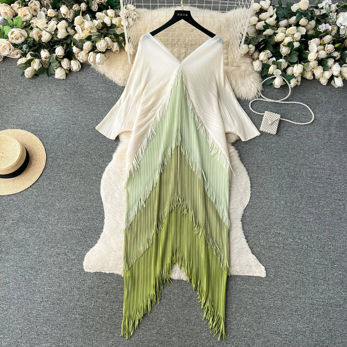 Women's Pleated Color-Block Tassel Mid-Calf Dress