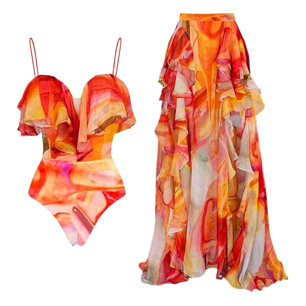 Women's Cutout One Piece Swimsuit and Skirt Set