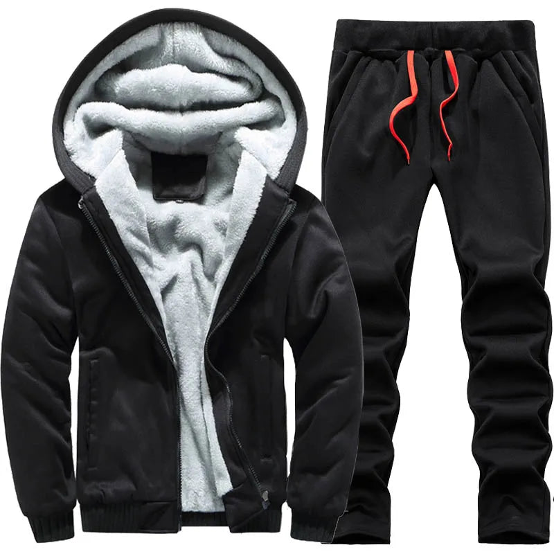 Men's Thick Warm Fleece Hooded Jacket and Pants Set