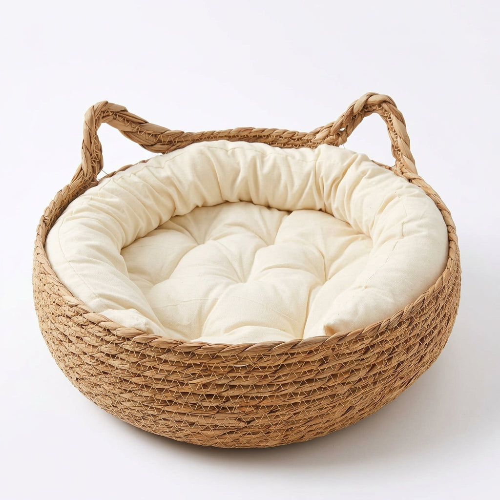 Rattan Weaving Cat Basket Bed with Cushion for Cats Dogs