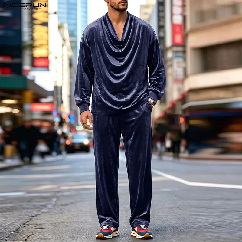 Men's Solid Color Velour Pleated Long Sleeve Two Piece Set