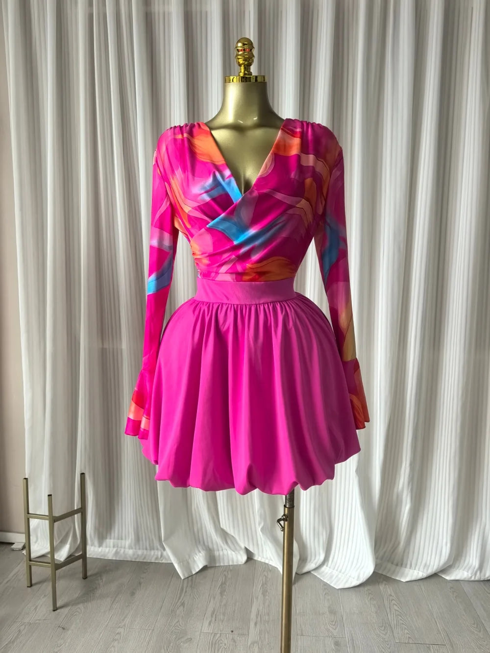 Women's Tie Dye Mesh Long Sleeve Wrap V Neck Pleated Mini Dress
