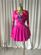 Women's Tie Dye Mesh Long Sleeve Wrap V Neck Pleated Mini Dress