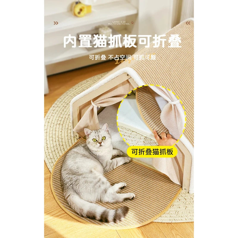 Solid Wood Enclosed Cat Villa Sisal Scratcher All Season