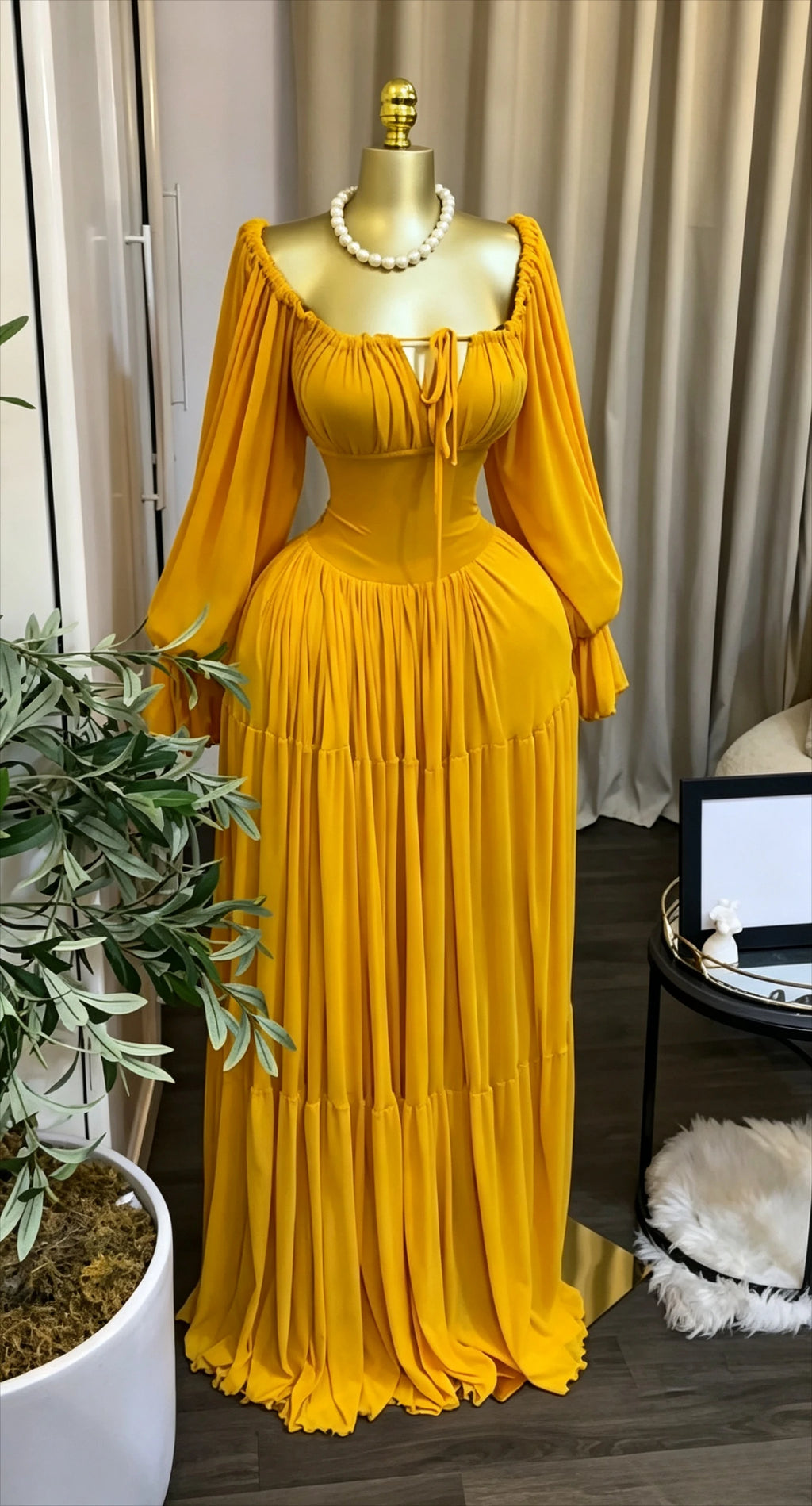 Women's Strapless Long Sleeve Belted Maxi Dress