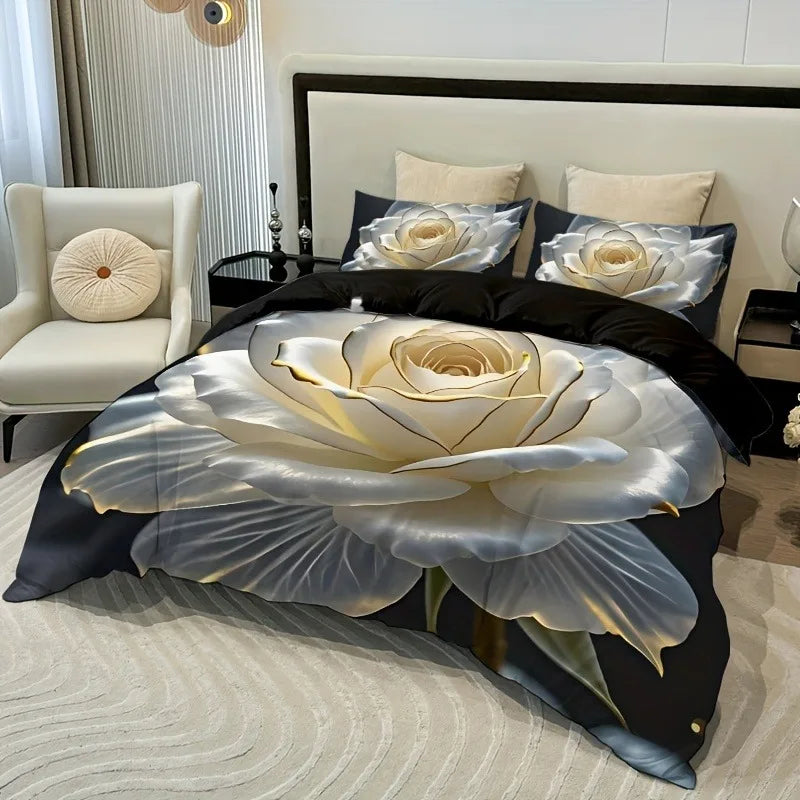 Golden Edged White Rose Print Duvet Cover Set with Pillowcases