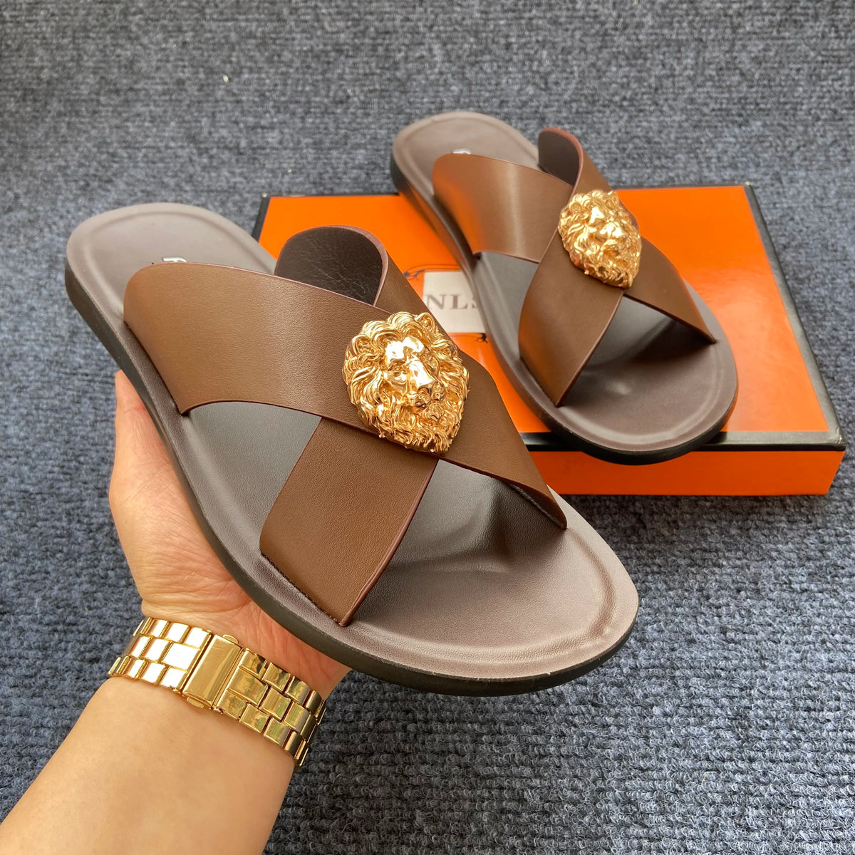 Men's PU Leather Slide Sandals with Metal Decoration