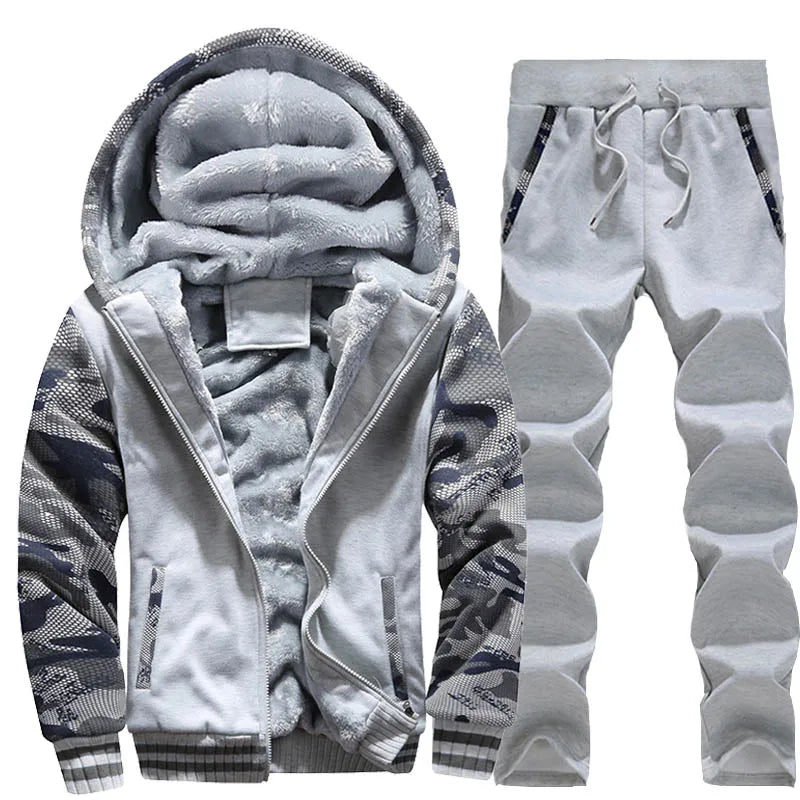 Men's Thick Warm Fleece Hooded Jacket and Pants Set