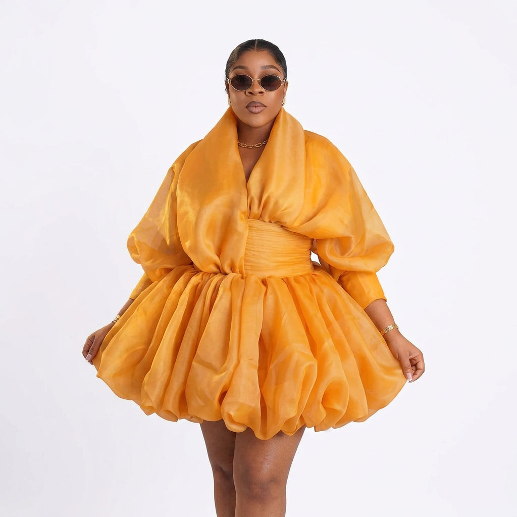 Women's Organza Puff Ruched Waist Bubble Hem Mini Dress