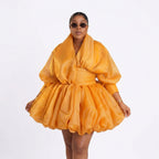 Women's Organza Puff Ruched Waist Bubble Hem Mini Dress