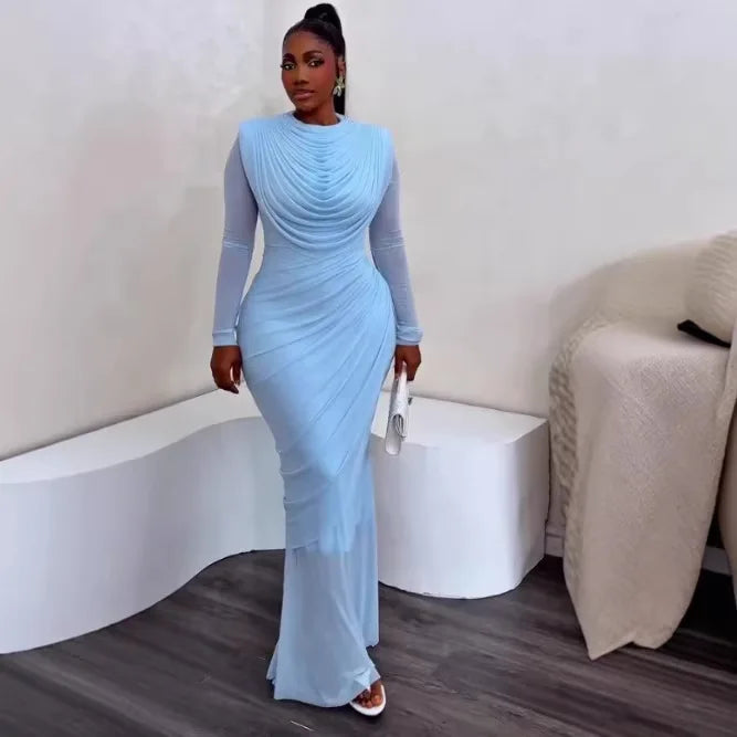 Women's Elegant Mesh Long Sleeve Mermaid Maxi Dress