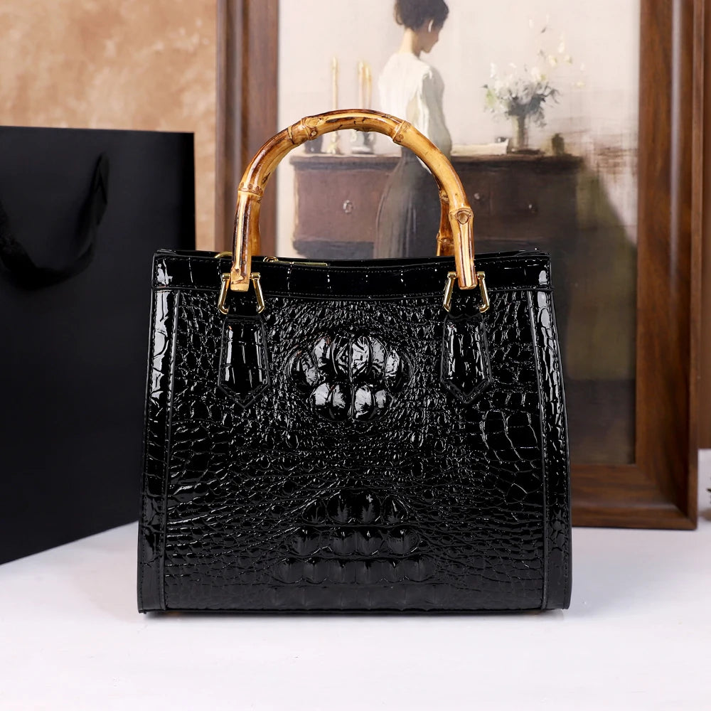 Women's Crocodile Pattern Bamboo Handle Handbag