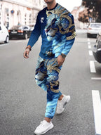 Men's Faux-Zipper Print Sweatshirt and Pants Two-Piece Set