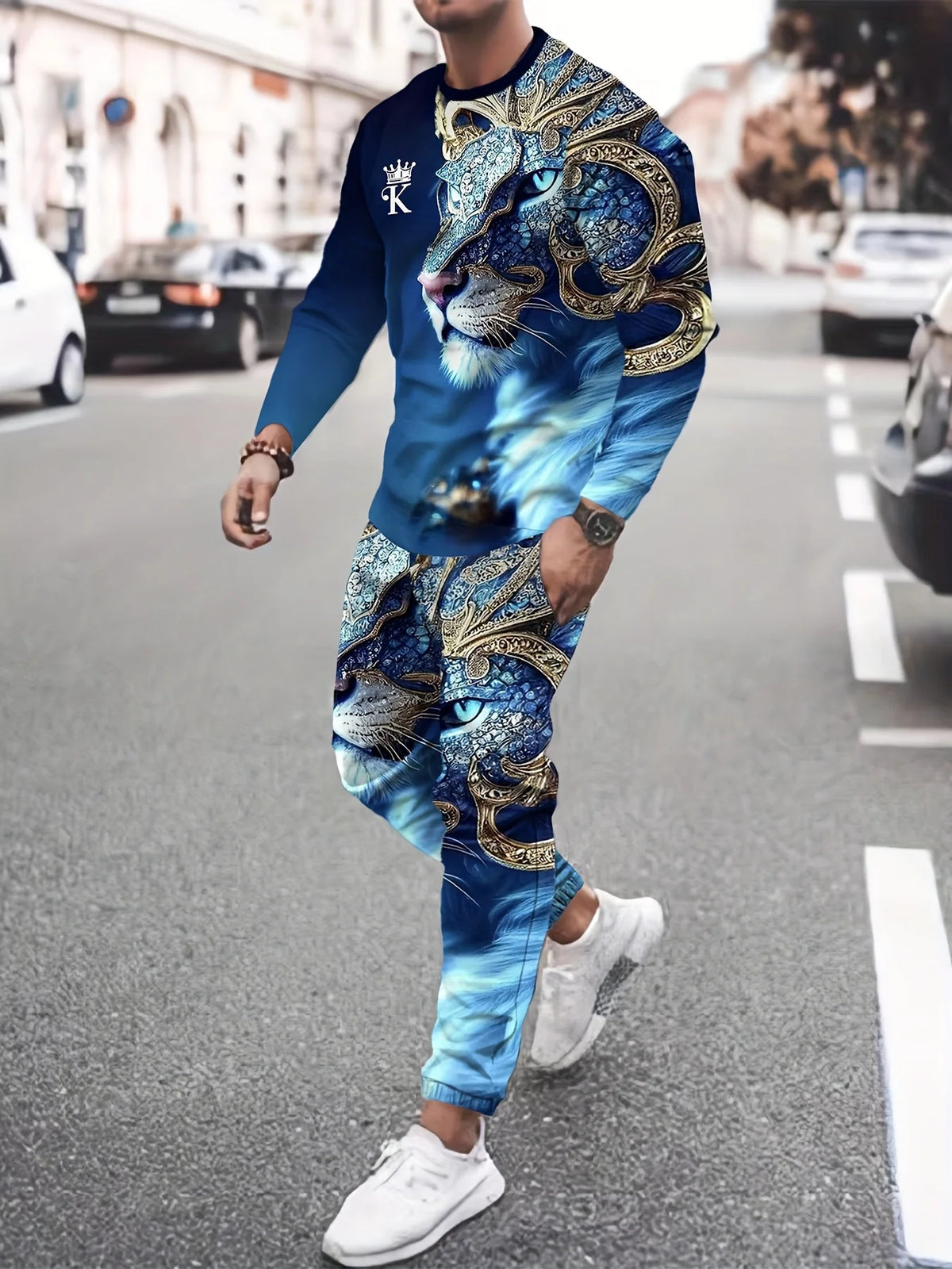 Men's Faux-Zipper Print Sweatshirt and Pants Two-Piece Set
