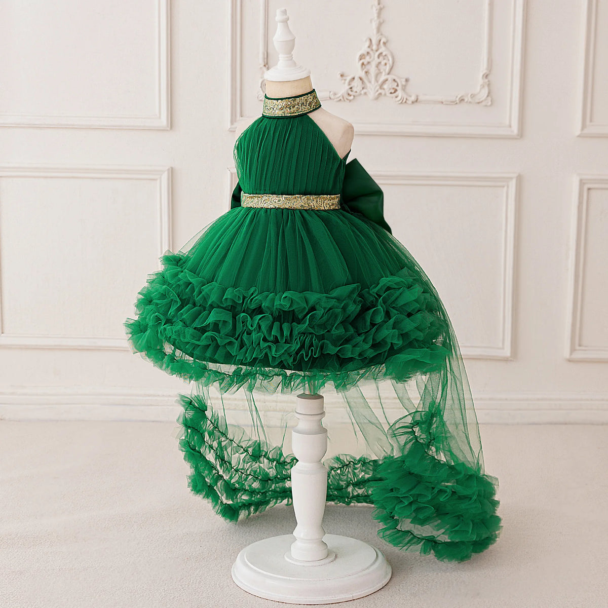 Girls' Sleeveless Princess Dress with Big Bow and Trailing Mesh